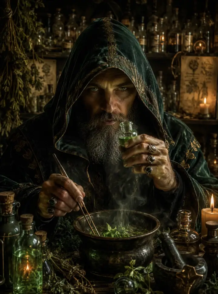 The Alchemist at his pot, brewing by candlelight.